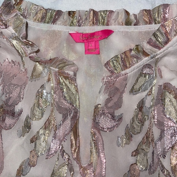 Lilly Pulitzer Sheer Blouse with Pink and Gold Metallic Leaf Motif - Picture 2 of 7